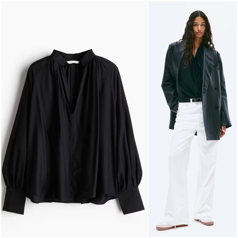 Black Balloon-Sleeved Blouse (S, L, XL)